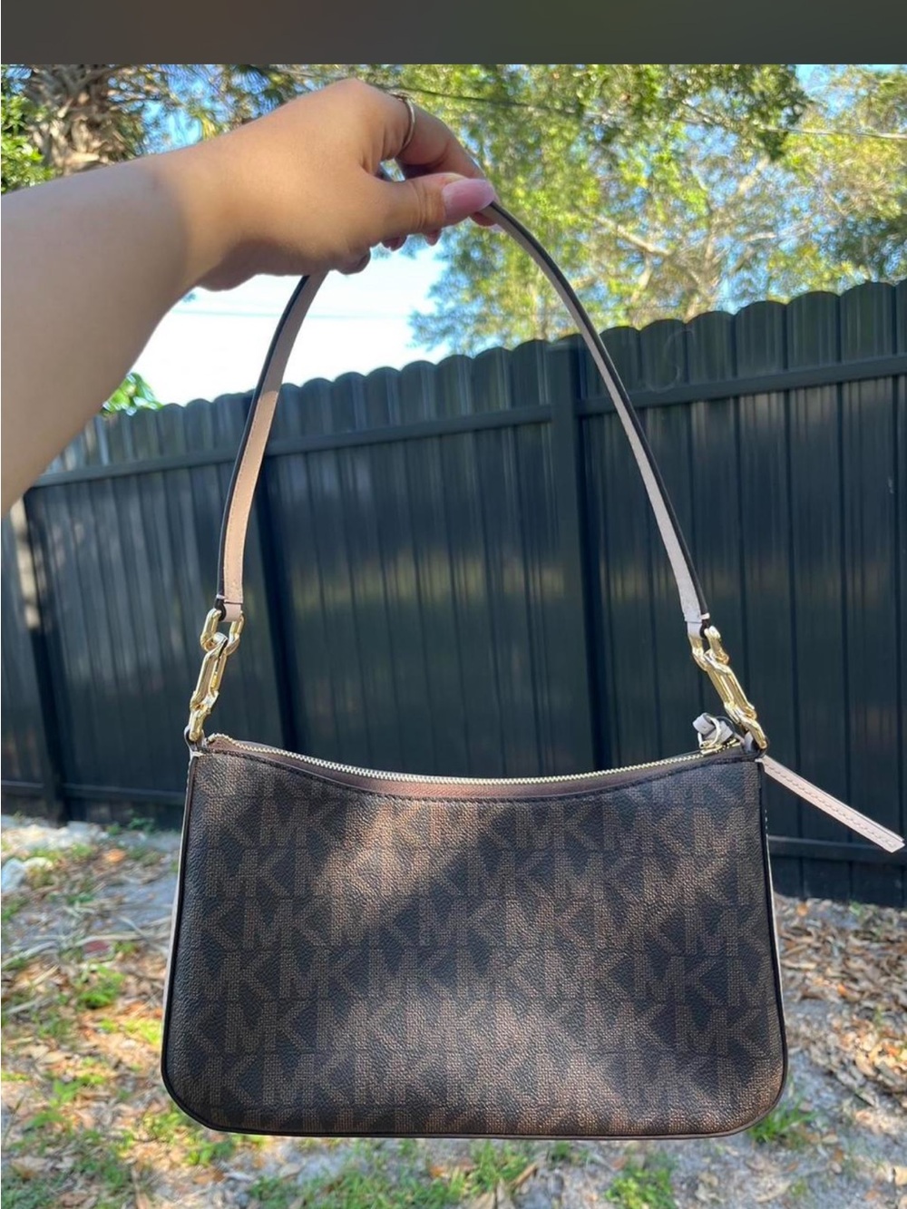 Michael Kors Brown Logo-Print Shoulder Bag with Gold Hardware